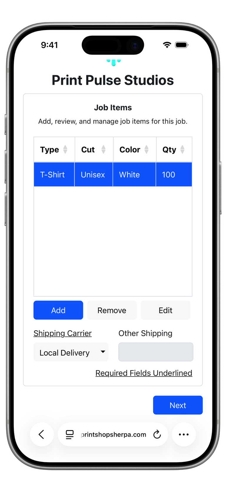 Order Job Items Screenshot